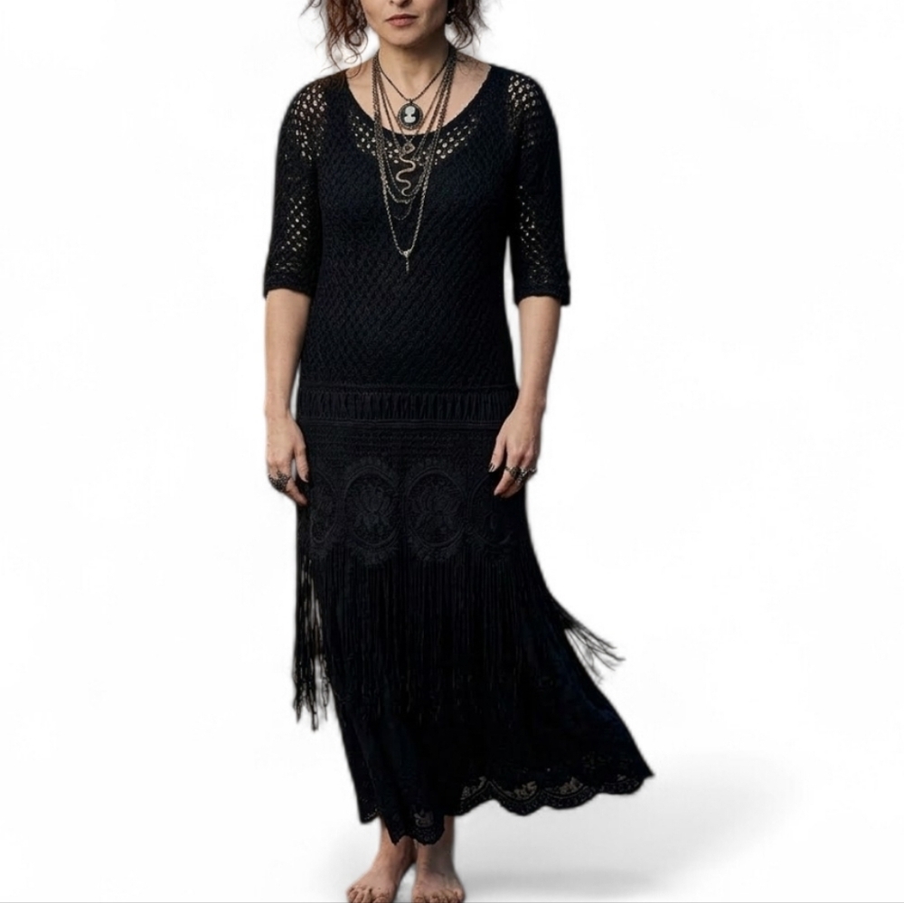 Vintage Sharon Anthony Lifestyles Black Crochet Fringe Maxi Dress Set